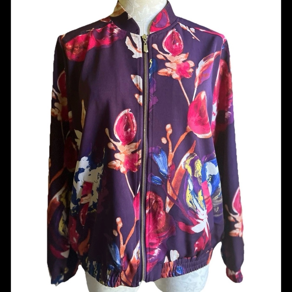 Susan Graver Floral Zip-Front Bomber Jacket | Magenta & Purple